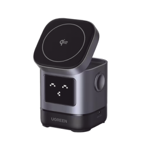 Cargador Inalámbrico Robot 2 en 1 UGREEN Qi2 / 15W Ultra Rápido para iPhone / 5W para AirPods / Pantalla Inteligente con Expresiones / Imanes N48H / Puerto USB-C 5W para Apple Watch / Compatibilidad MPP
