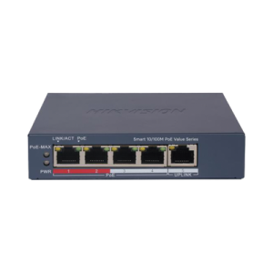 Switch PoE+ / Monitoreable / 4 Puertos 10/100 Mbps PoE+ / 1 Puerto 10/100 Mbps Uplink / Configuración Nube Hik-PartnerPro / Modo Extendido hasta 300 Metros / 45 W