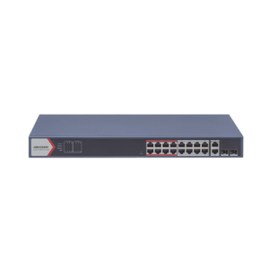 Switch PoE+ / Monitoreable / 16 puertos 10/100 Mbps PoE+ / 2 Puertos 1000 Mbps Uplink / 2 Puertos SFP de Uplink / Configuración Nube Hik-Partner Pro / Modo Extendido hasta 300 metros / 230 W