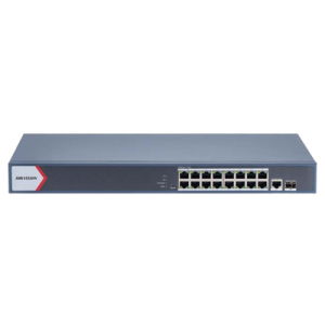 Switch Gigabit PoE+ / Administrable / 16 Puertos 1000 Mbps PoE+ / 1 Puerto 1000 Mbps de Uplink / 1 Puerto SFP / Configuración Nube desde Hik-Partner Pro / Modo Extendido hasta 300 Metros / 230 Watts