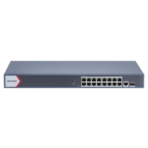 Switch Gigabit PoE+ / Monitoreable / 16 Puertos 1000 Mbps PoE+ / 1 Puerto 1000 Mbps de Uplink / 1 Puerto SFP / Configuración Nube desde Hik-PartnerPro / Modo Extendido hasta 300 Metros / 130 Watts