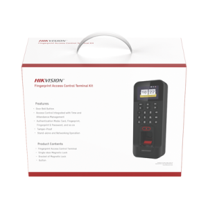 Kit de Control de Acceso TODO INCLUIDO con Lector de Huellas y Tarjetas / 3,000 Huellas / Compatible con App Hik-Connect / Incluye Electroimán Botón de Salida y Montajes Z y L para imán (DS-K1T804)
