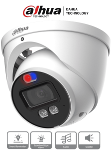 Dahua HAC-ME1239HN-A-PV - Cámara Domo TiOC de 2 Megapixeles/ Disuasion Activa Luz Roja y Azul/ Lente de 3.6 mm/ Super Adapt/ Microfono y Altavoz Integrados/ 40 Metros de Iluminación (IR y Cálida)/ Metalica/ IP67/