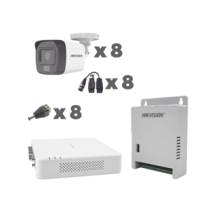 KIT TurboHD 1080p / DVR 8 Canales con audio por coaxitron / 8 Cámaras con Micrófono Integrado 101° Visión/ luz blanca + IR visión nocturna / Transceptores / Conectores / Fuente de Poder Profesional