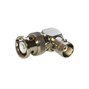 Adaptador en Ángulo Recto, de Conector BNC Macho a BNC Hembra, 50 Ohm (Monitor), Níquel/ Plata/ Teflón.