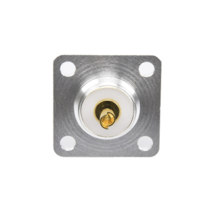 Conector UHF Hembra (SO-239) para Montaje de Chasis con 4 Hoyos a 18 mm, Terminal Soldable, Plata/ Oro/ Teflón.