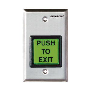 Botón de Salida / Con Iluminación / Con Placa de Pared de Acero Inoxidable / IP65 / Voltaje 12 / 24 Vcd / Mensaje de Idioma Intercambiable / 3 Placas de Idioma Incluidas
