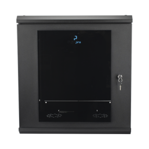 Gabinete Rack de Pared 12 Unidades / 19 Pulgadas / Ventilado / Puerta de Vidrio / Acero Calibre 18 / Carga 100 Kg / 635 x 606 x 612 mm (25 x 23.9 x 24.1 in) / Pintura Electrostática / Negro