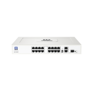 16 puertos PoE de 10/100 Mbps, 2 puertos de enlace ascendente RJ45 de 10/100/1000 Mbps y 1 ranura SFP de 1000 Mbps