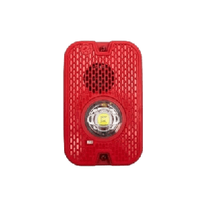 Sirena con Lámpara LED Estroboscópica / 2 Hilos / Montaje en Pared / 16 a 24 Vcd / Configuración Estroboscópica Seleccionable / Texto en Inglés / Color Rojo / Uso exterior