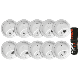 Kit de 10 Detectores de Humo Autónomos FIRST ALERT por Ionización / Alarma 85 dB / Botón Prueba y Silencio / Probador SABRE SDI