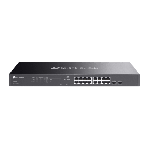 Switch Smart Omada 18 Puertos Gigabit / 16 Puertos PoE+ 802.3af/at / 2 Ranuras SFP Gigabit / Presupuesto PoE 150 W / Switching 36 Gbps / Enrutamiento Estático L2+ / Gestión Cloud SDN / Fanless / Montable en Rack