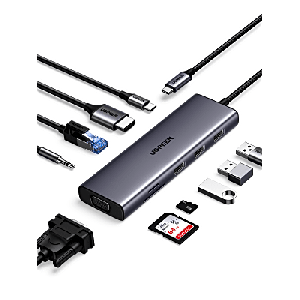 Hub USB-C 10 en 1 / HDMI 4K@30Hz + VGA 1920x1200 / 3x USB 3.0 5Gbps / Ethernet Gigabit / SD/TF Card Reader / PD 100W / Audio 3.5mm / Doble Pantalla Simultánea / Plug & Play Universal