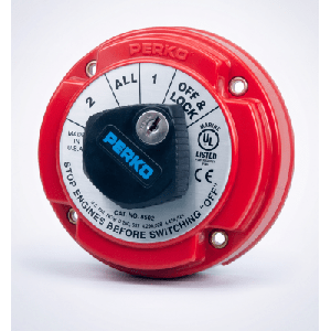 Switch Selector de Batería Marina PERKO 8502 con Llave / 250A Continuos 360A Intermitentes / 6-32 VCC / Selector 1-2-Both-Off / Bloqueo con Llave / Encendido Protegido