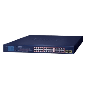 Switch PoE de 24 Puertos Gigabit 802.3af/at con Modo Extendido 250 m, 2 Puertos SFP 1000SX , Pantalla LCD para Configuración Básica, Hasta 300 W para PoE